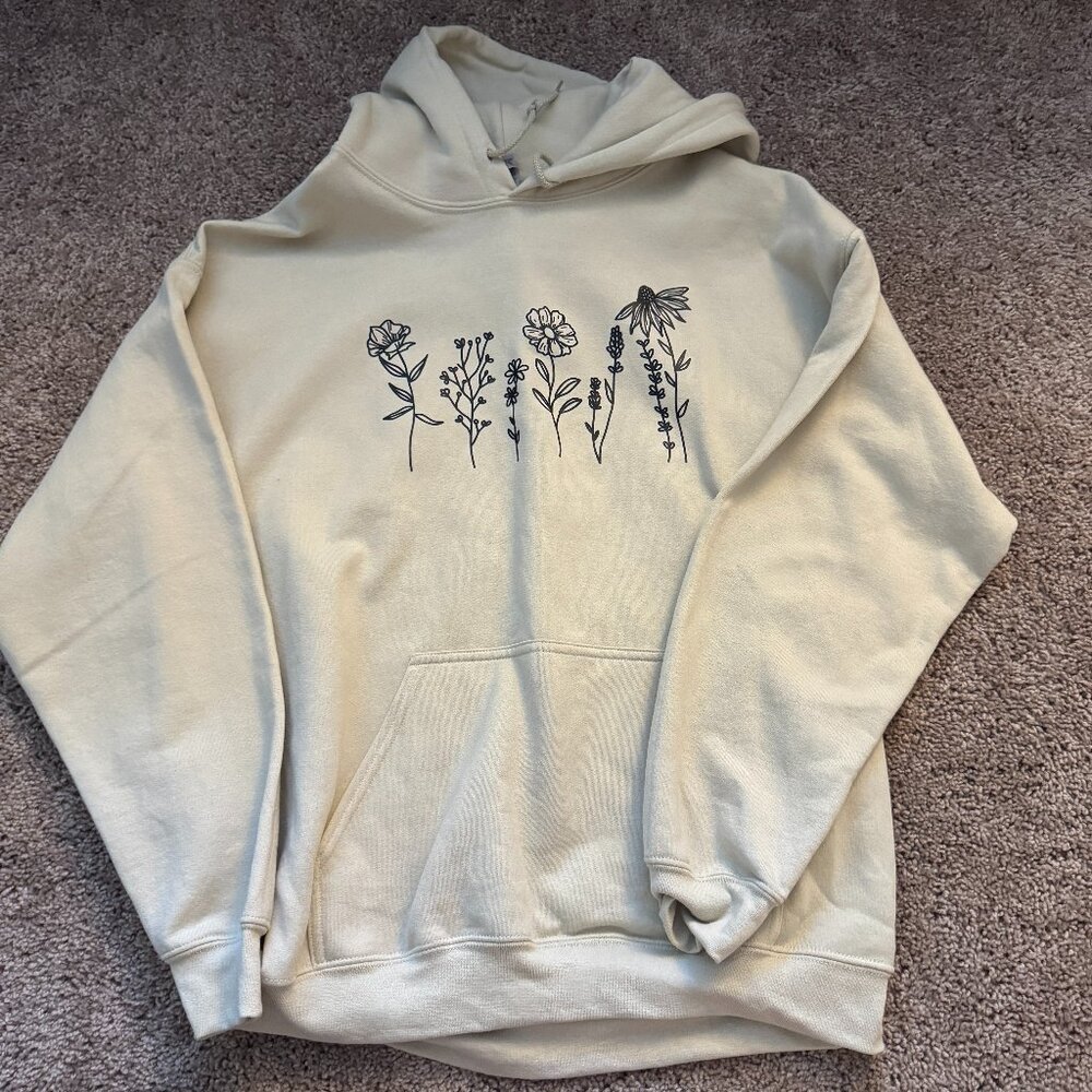 Minimalist Floral Hoodie, Line Art Flowers - Size L